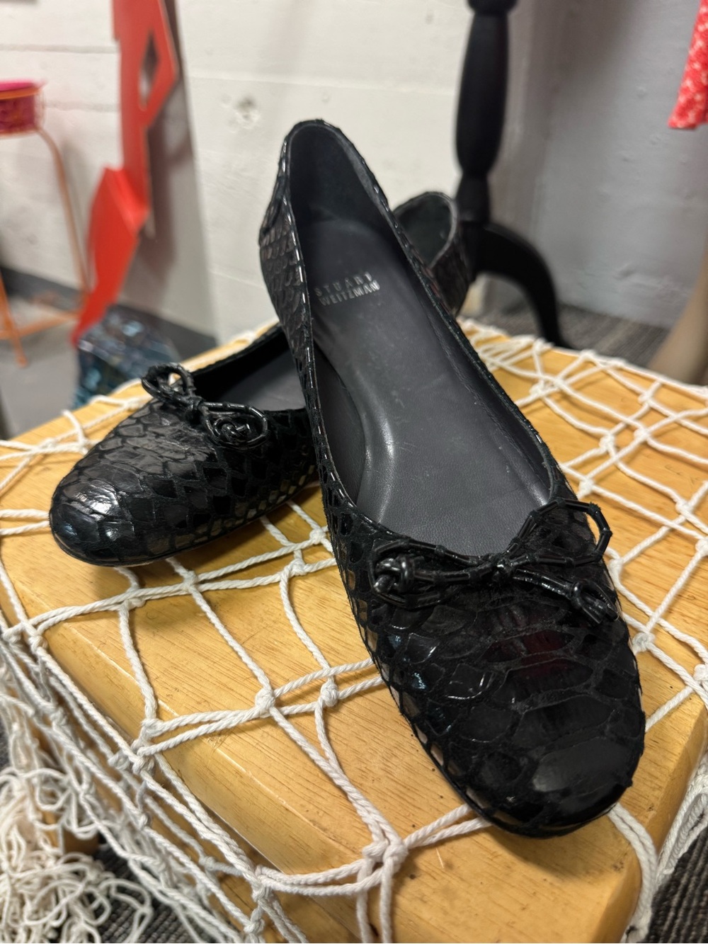 Stuart Weitzman Black Faux-Snake Ballet Flats